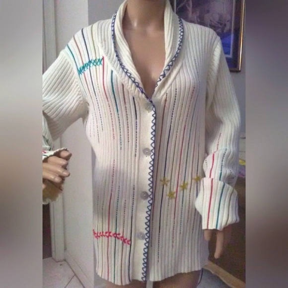VINTAGE CREAM CARDIGAN BEAD WORK & UNIQUE STITCHING BY CRAZY HORSE SZ.LG BEAUTY! - Picture 1 of 10